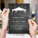 Moderne Eenvoudige Avond Tent Bruiloft Kaart<br><div class="desc">Unieke rustieke tent bruiloft uitnodiging beschikt over een grafisch silhouet bruiloft tent opknoping snaren van licht boho pijlen typografie ontwerp tegen een krijtbord achtergrond. Personaliseer het met uw eigen tekstgelegenheid-dienovereenkomstig of klik op de knop "Aanpassen" om naar de ontwerptool te gaan waar u tekst kunt toevoegen, het lettertype, de tekstgrootte,...</div>