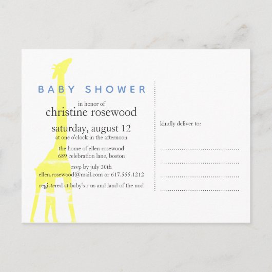 Moderne eenvoudige Baby shower Giraffe Uitnodiging Briefkaart (Achterkant)
