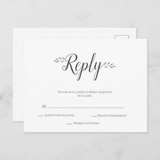 Moderne eenvoudige blad bruiloft RSVP briefkaarten (Voorkant / Achterkant)