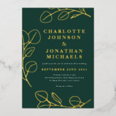 Moderne eenvoudige bladeren groen en goud folie uitnodiging (Voorkant)