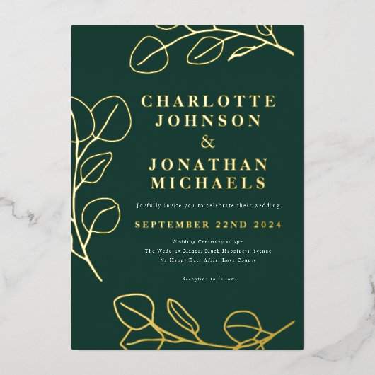 Moderne eenvoudige bladeren groen en goud folie uitnodiging (Voorkant)