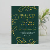 Moderne eenvoudige bladeren groen en goud folie uitnodiging (Staand Voorkant)