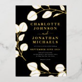 Moderne eenvoudige bladeren zwart wit goud folie uitnodiging