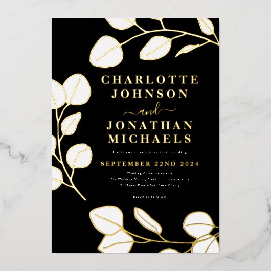Moderne eenvoudige bladeren zwart wit goud folie uitnodiging (Voorkant)
