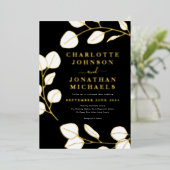 Moderne eenvoudige bladeren zwart wit goud folie uitnodiging