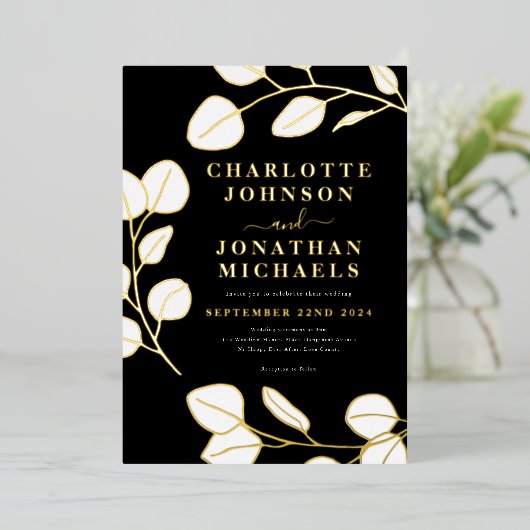 Moderne eenvoudige bladeren zwart wit goud folie uitnodiging (Staand Voorkant)
