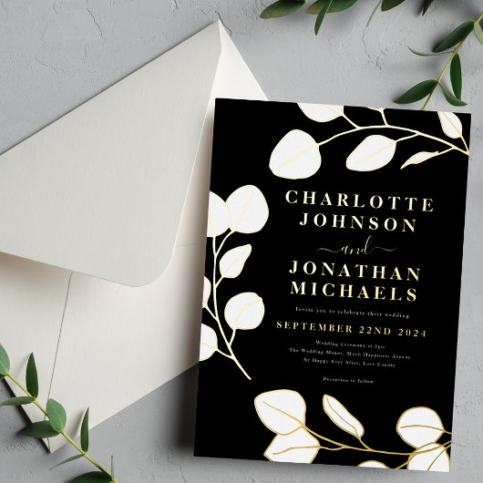 Moderne eenvoudige bladeren zwart wit goud folie uitnodiging