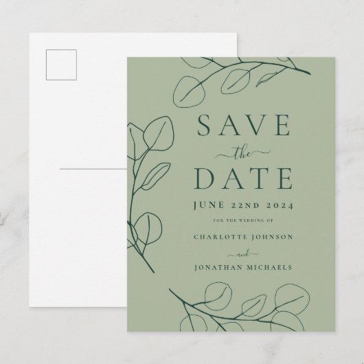 Moderne Eenvoudige Bladergroen Bruiloft Aankondigingskaart (Voorkant / Achterkant)