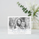 Moderne eenvoudige blauwe scriptfoto slaat de datu briefkaart (Staand voorkant)