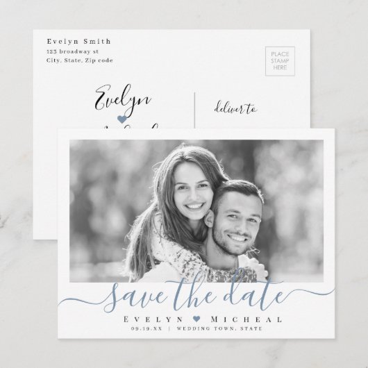 Moderne eenvoudige blauwe scriptfoto slaat de datu briefkaart (Voorkant / Achterkant)