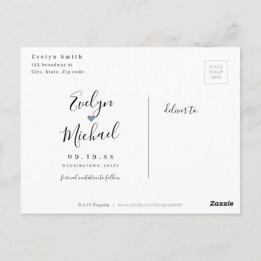 Moderne eenvoudige blauwe scriptfoto slaat de datu briefkaart (Achterkant)