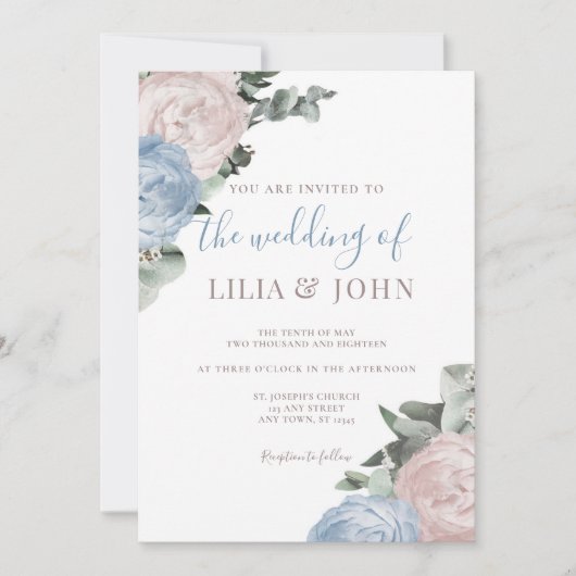 Moderne Eenvoudige Bloemen Dusty Blauw en Roos bru Kaart (Voorkant)