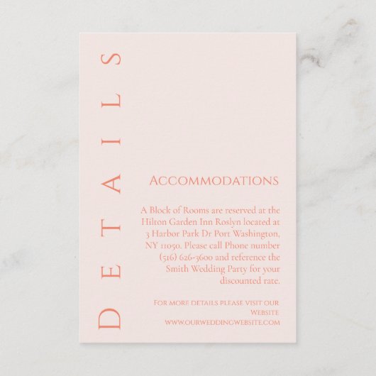 Moderne eenvoudige blush-bruiloft details- informatiekaartje (Achterkant)