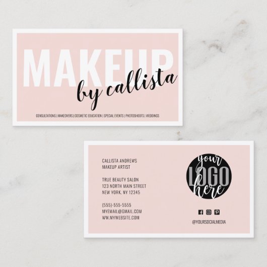 Moderne, eenvoudige Blush Pink Border Logo Makeup  Visitekaartje (Voorkant / Achterkant)