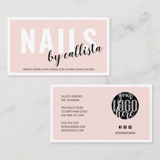 Moderne eenvoudige Blush Pink Border Logo Nail Tec Visitekaartje (Voorkant / Achterkant)