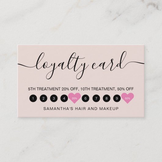 Moderne eenvoudige blush roze script make-up 10 klantenkaartje (Voorkant)