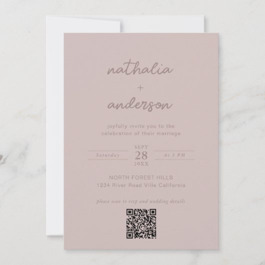 Moderne Eenvoudige Blush Script Foto QR Code Bruil Kaart (Voorkant)