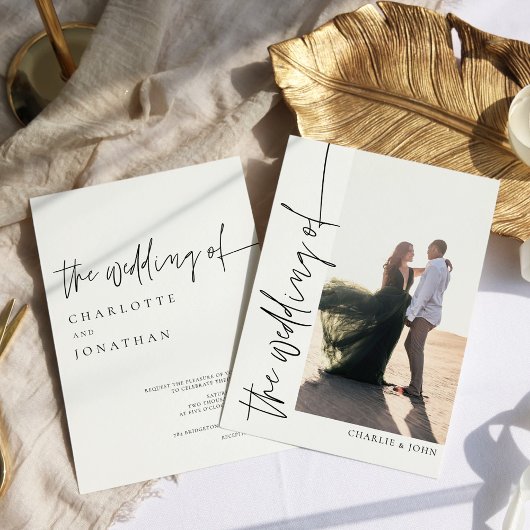 Moderne eenvoudige Boho foto zwart-wit bruiloft Kaart