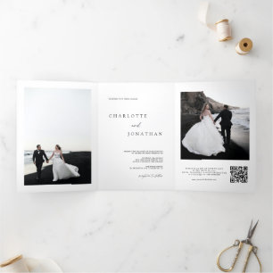 Moderne Eenvoudige Bruiloft RSVP Details QR Code F Drieluik Uitnodiging