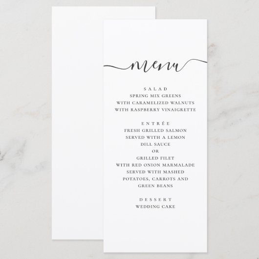 Moderne eenvoudige bruiloft. Zwart en wit schrift Menu (Voorkant / Achterkant)