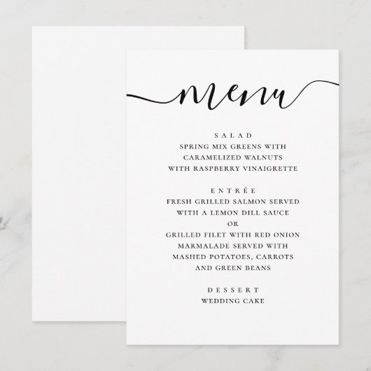 Moderne eenvoudige bruiloft. Zwart en wit script Menu (Voorkant / Achterkant)