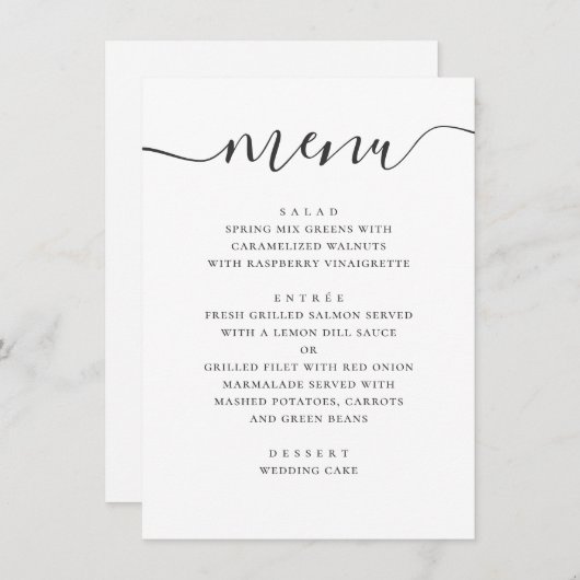 Moderne eenvoudige bruiloft. Zwart en wit script Menu (Voorkant / Achterkant)