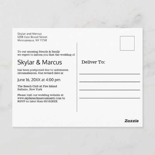 Moderne eenvoudige Casual bruiloft uitstel Briefkaart (Achterkant)
