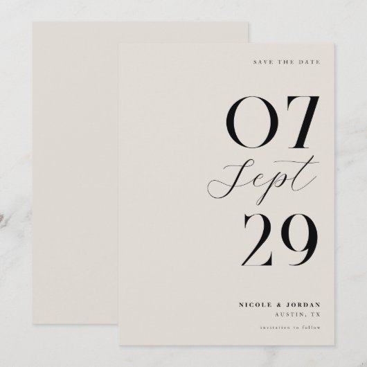 Moderne eenvoudige chique zwarte en ivoren bruilof save the date (Voorkant / Achterkant)