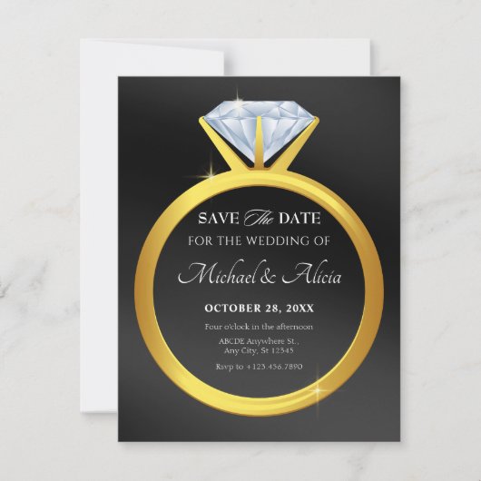 Moderne eenvoudige diamanten trouwring save the date (Voorkant)