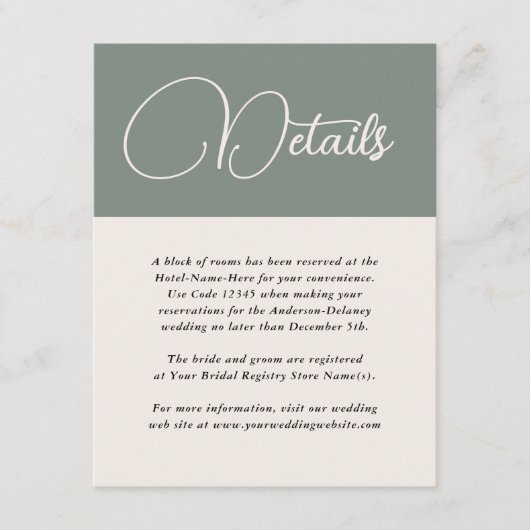 Moderne Eenvoudige Diepe Sage Green Wedding Detail Informatiekaartje (Voorkant)