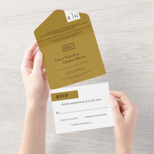 Moderne eenvoudige donkere beige monogram legante  all in one uitnodiging (Afscheurbaar)