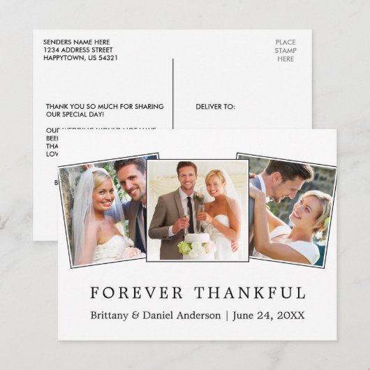 Moderne eenvoudige drieduizende bruiloft 3 foto briefkaart (Voorkant / Achterkant)