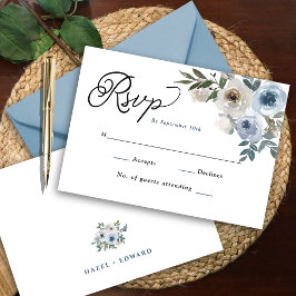Moderne Eenvoudige Dusty Blue Floral Wedding RSVP Kaartje