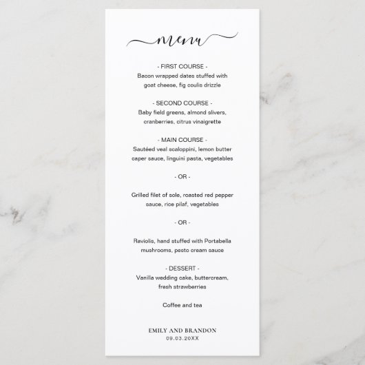 Moderne Eenvoudige Elegante Bruiloft Menu (Voorkant)