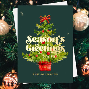 Moderne eenvoudige elegante kerstboom met Waterver Folie Feestdagenkaart