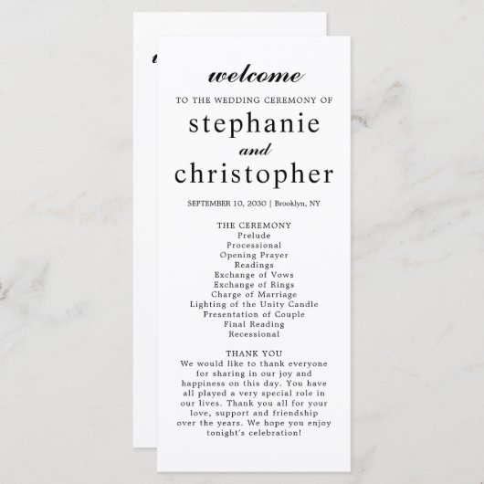 Moderne Eenvoudige Elegante Minimaal Zwart Script  Programmakaart (Voorkant / Achterkant)