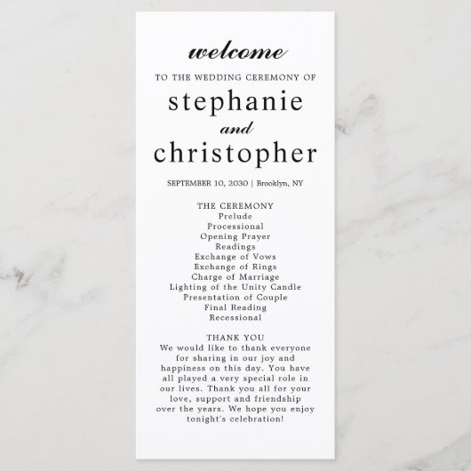 Moderne Eenvoudige Elegante Minimaal Zwart Script  Programmakaart (Voorkant)