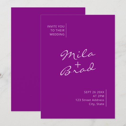 Moderne eenvoudige elegante Paarse bruiloft Kaart (Voorkant / Achterkant)