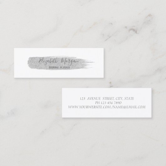 Moderne eenvoudige elegante, zilveren glitterpense mini visitekaartje (Voorkant / Achterkant)