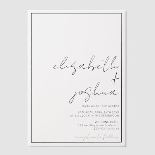 Moderne eenvoudige elegante zwarte script bruiloft vellum uitnodigingen (Voorkant)