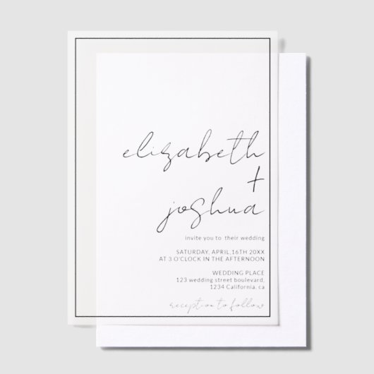 Moderne eenvoudige elegante zwarte script bruiloft vellum uitnodigingen (Offset)