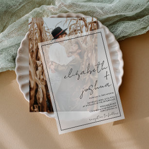 Moderne eenvoudige elegante zwarte script bruiloft vellum uitnodigingen