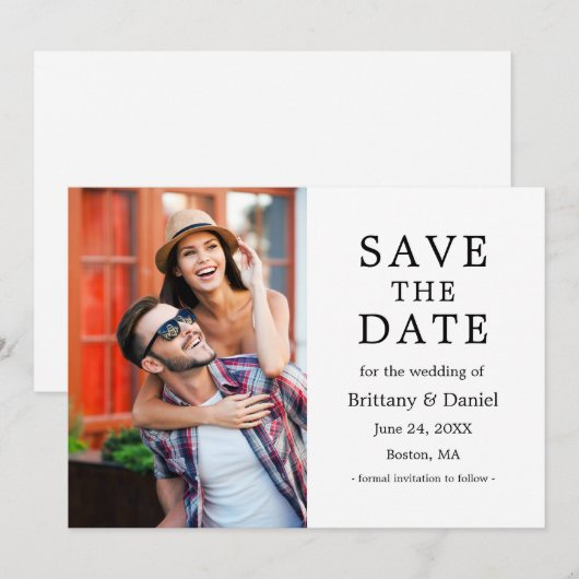 Moderne, eenvoudige enkelvoudige foto met een mini save the date (Voorkant / Achterkant)