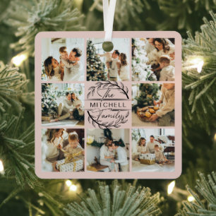Moderne Eenvoudige Familie Foto Collage Blush Pink Metalen Ornament