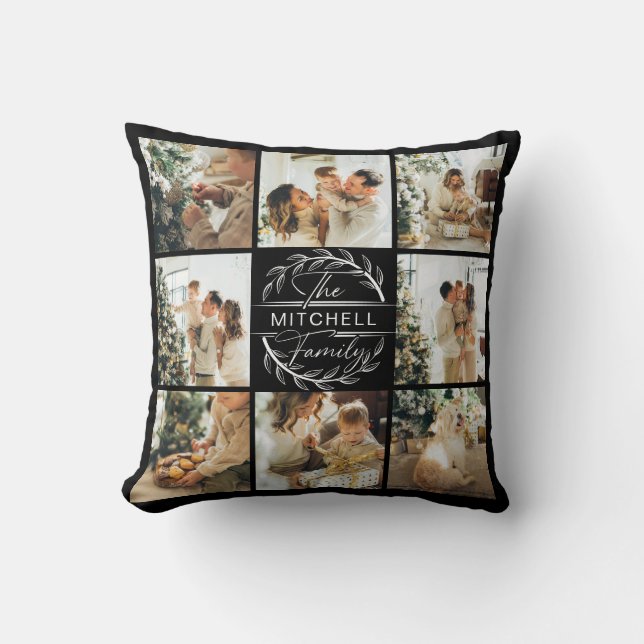 Moderne Eenvoudige Familie Fotocollage | Monogram  Kussen (Voorkant)