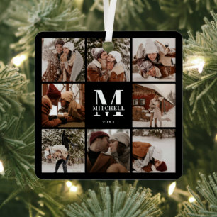 Moderne Eenvoudige Familie Fotocollage Monogram Metalen Ornament
