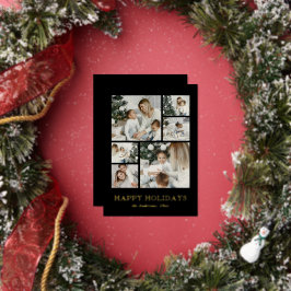 Moderne Eenvoudige Familie Fotocollage Zwart Kerst Folie Feestdagenkaart