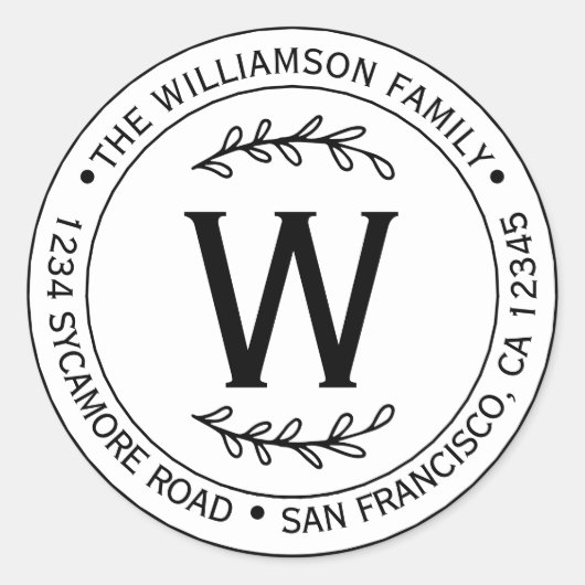 Moderne Eenvoudige Familienaam Monogram Retouradre Ronde Sticker (Voorkant)