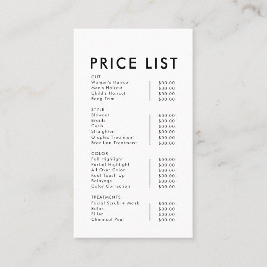 Moderne eenvoudige formele elegante prijslijst visitekaartje (Voorkant)
