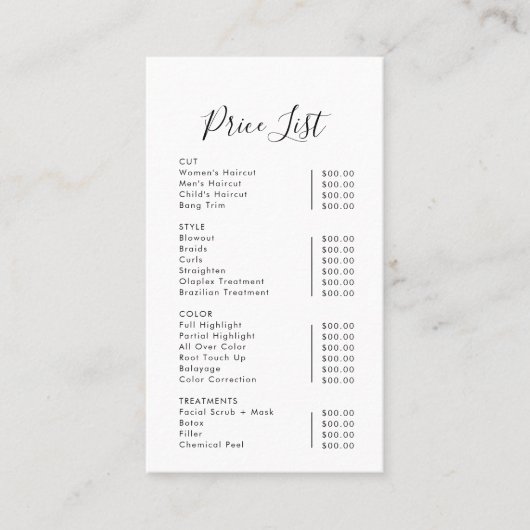 Moderne Eenvoudige Formele Scan Om Prijslijst Te B Visitekaartje (Voorkant)